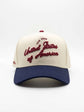 U.S.A Script Hat in beige and navy with red embroidered United States of America script and curved brim