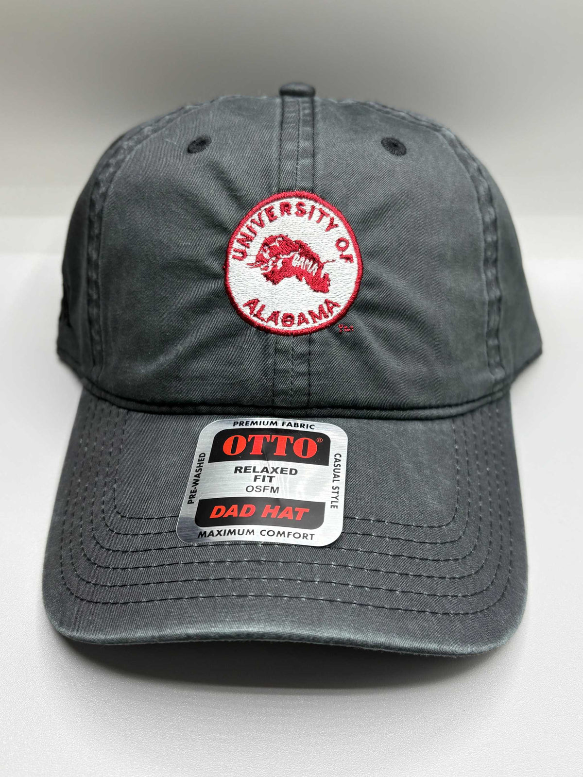University of Alabama charcoal cotton dad hat with embroidered circular crimson logo and relaxed unstructured fit