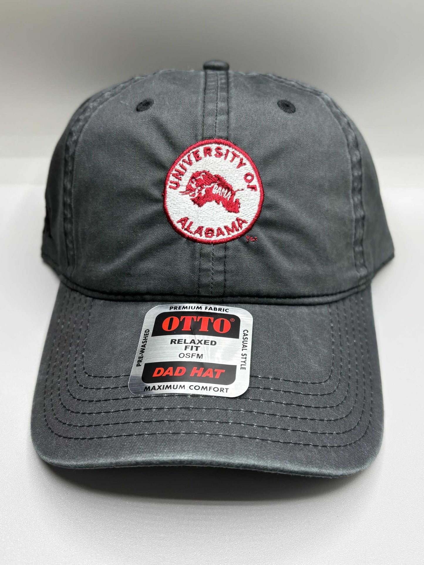 University of Alabama charcoal cotton dad hat with embroidered circular crimson logo and relaxed unstructured fit
