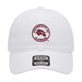 University of Alabama white cotton unstructured dad hat with embroidered crimson circle logo and curved brim
