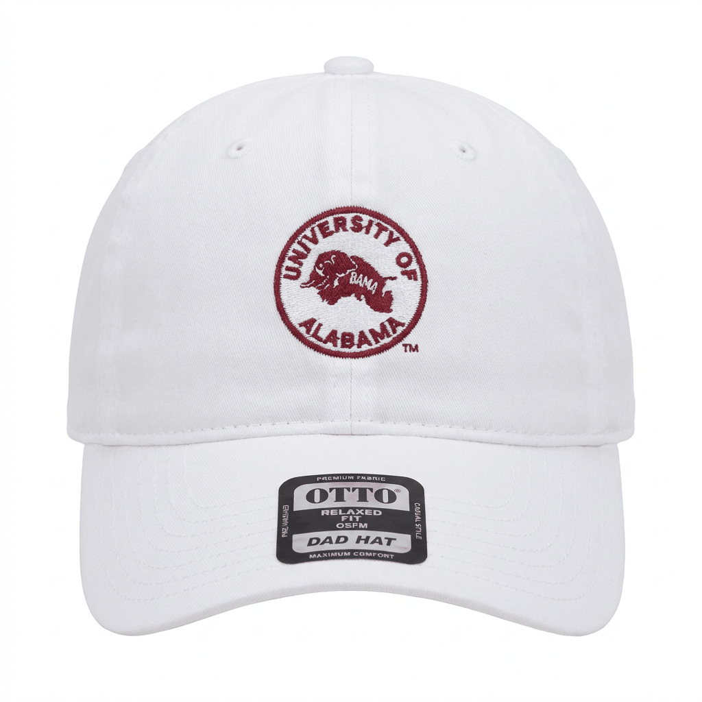 University of Alabama white cotton unstructured dad hat with embroidered crimson circle logo and curved brim