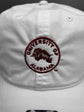 University of Alabama white cotton unstructured hat with embroidered crimson circular logo and adjustable strapback