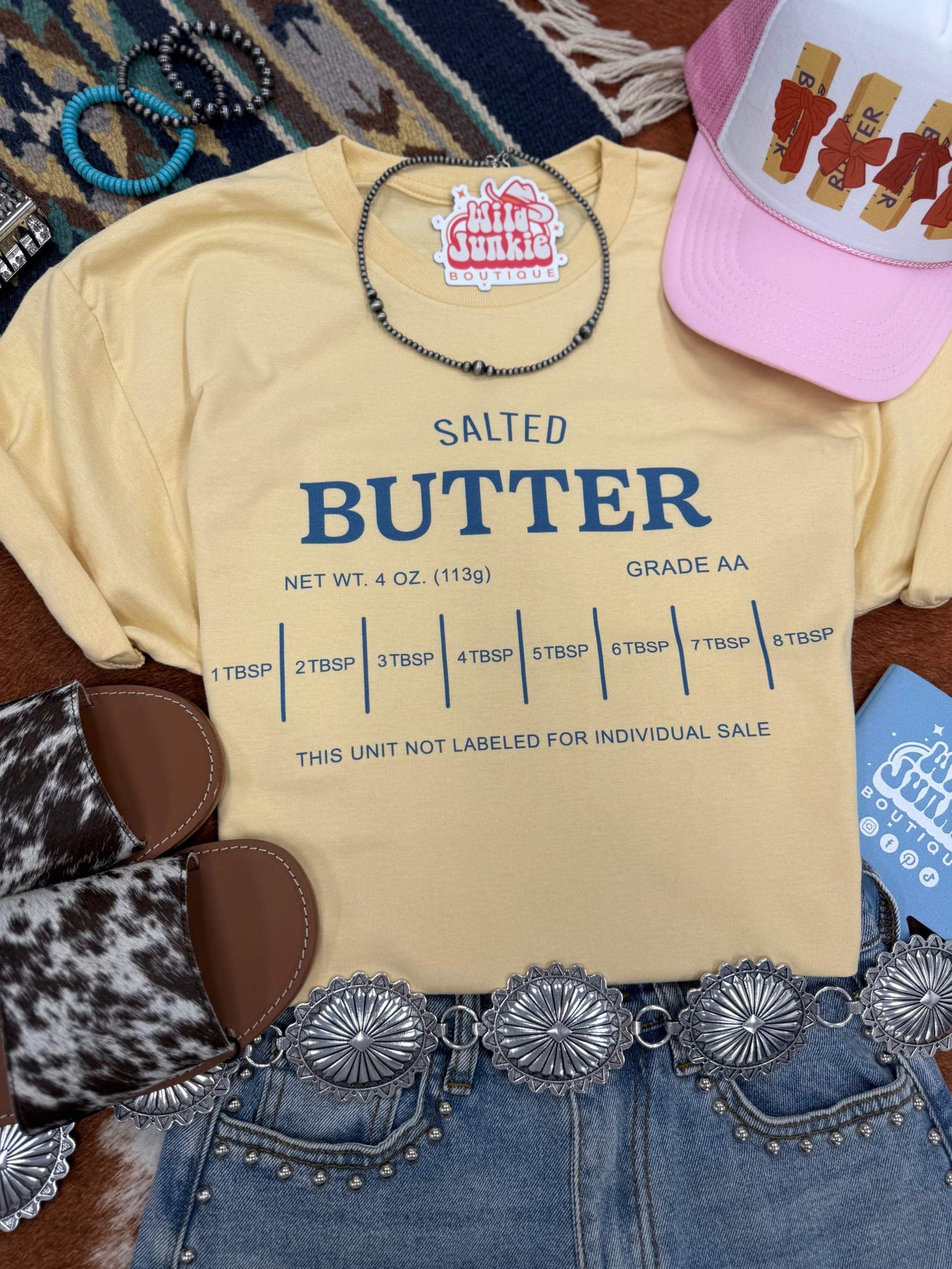 Unisex Salted Butter Graphic Tee made of 100% US cotton with regular hem, printed on Gildan, made in the USA