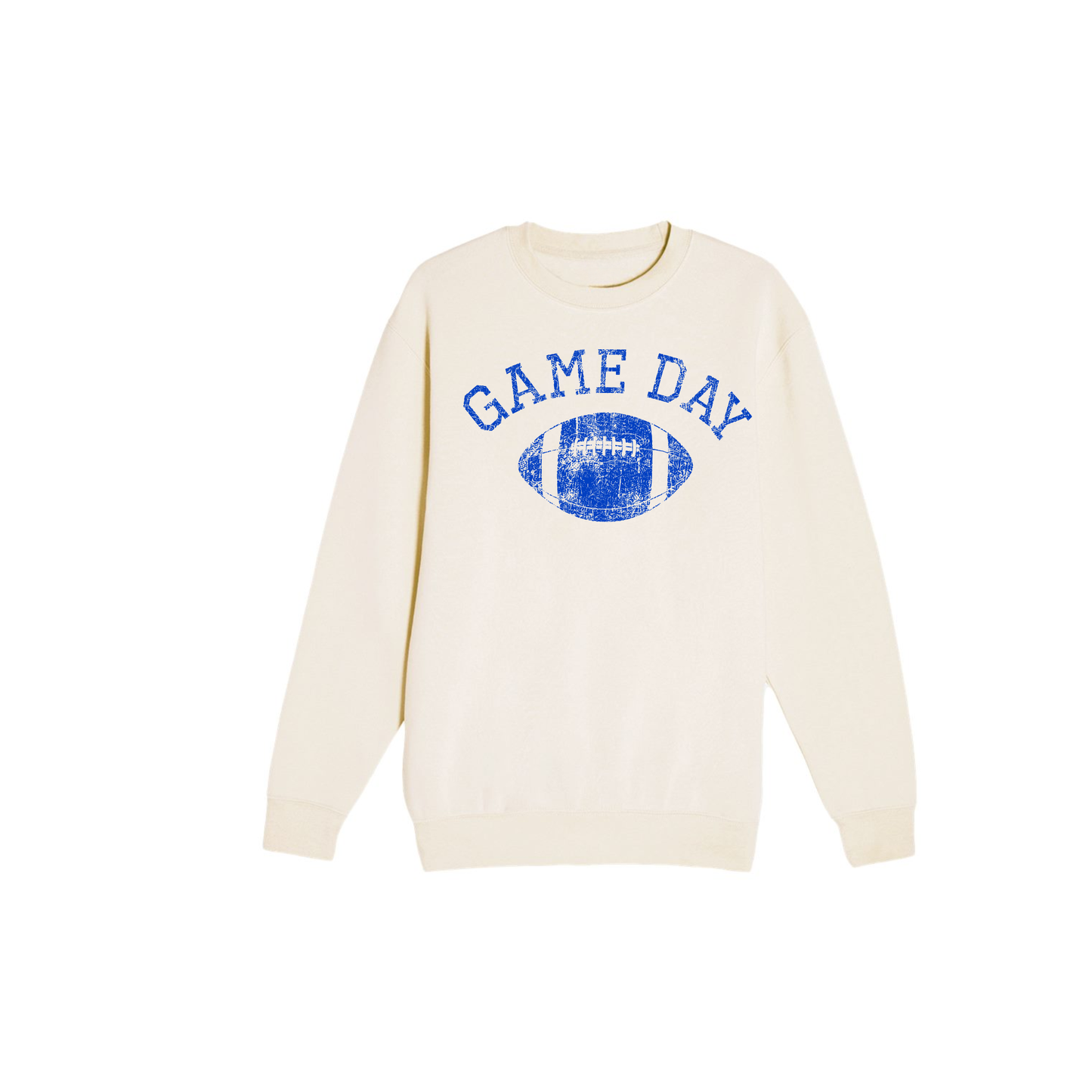 Vintage Game Day Football sweatshirt in cream fleece with blue distressed collegiate lettering and football graphic