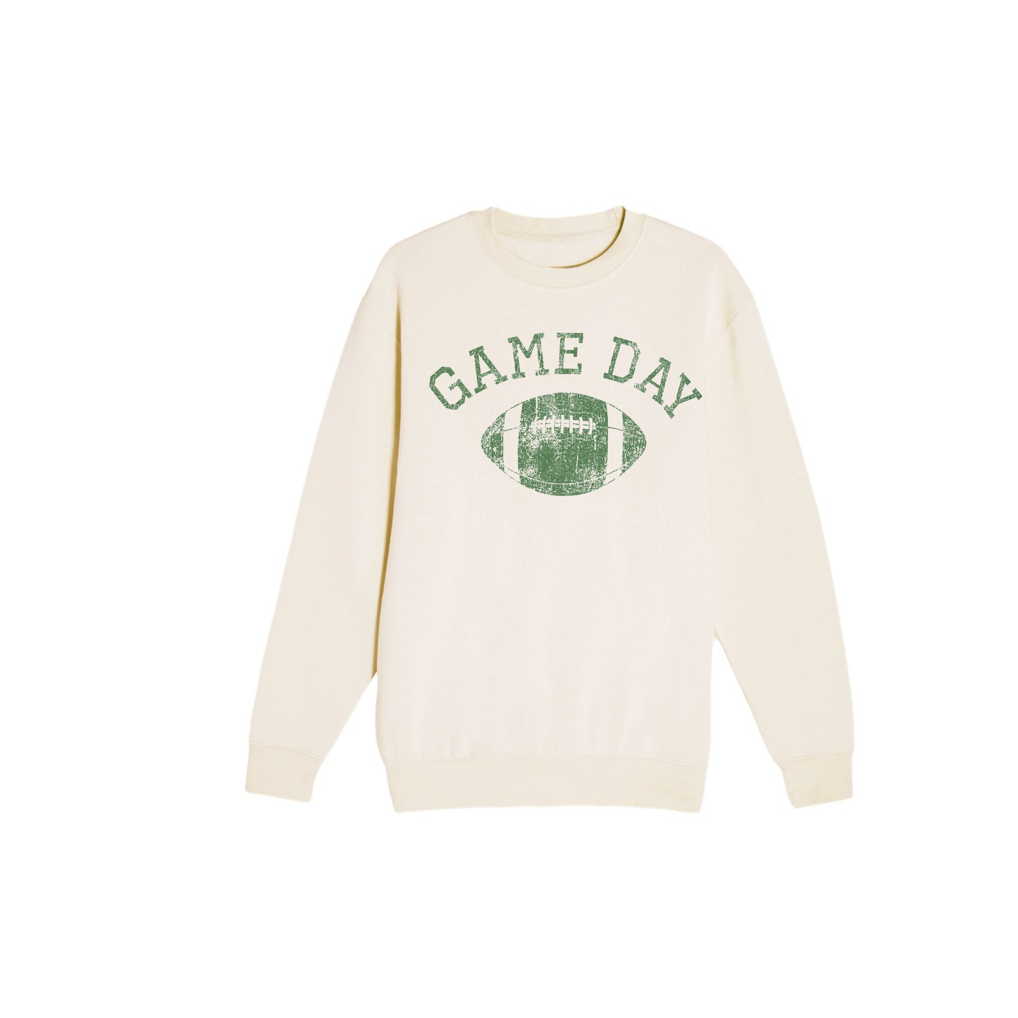 Vintage Game Day Football sweatshirt in cream with green distressed lettering and vintage football graphic