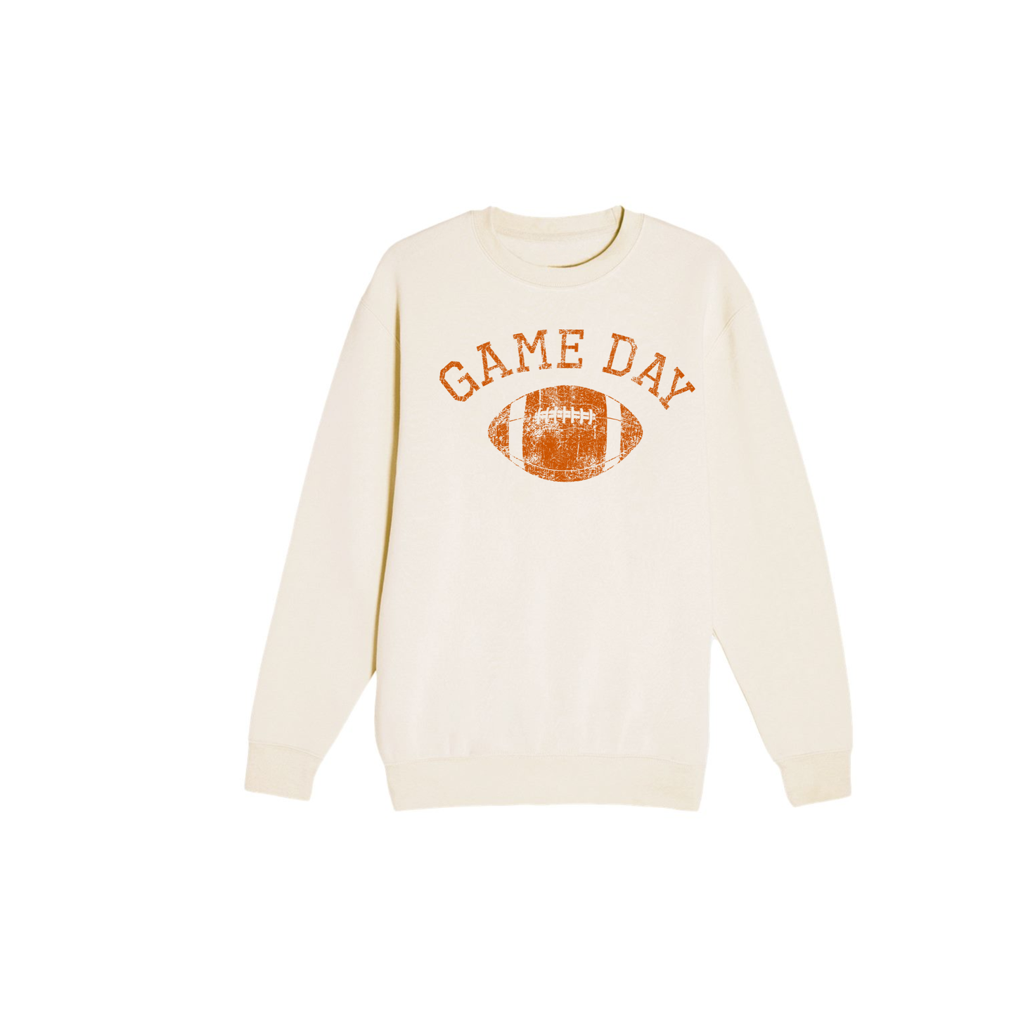 Vintage Game Day Football sweatshirt in cream fleece with distressed orange Game Day text and football graphic