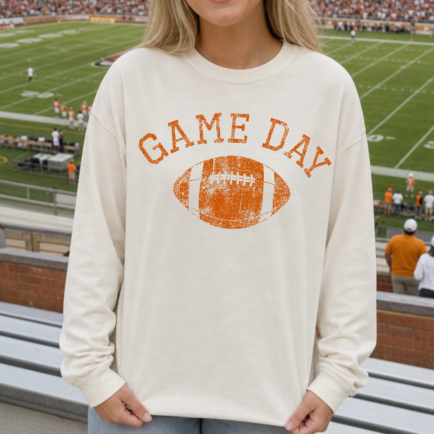 Vintage Game Day Football sweatshirt in cream fleece with distressed orange Game Day text and football graphic