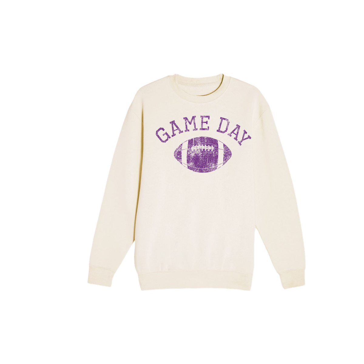 Vintage Game Day Football sweatshirt in cream fleece with distressed purple Game Day text and football graphic