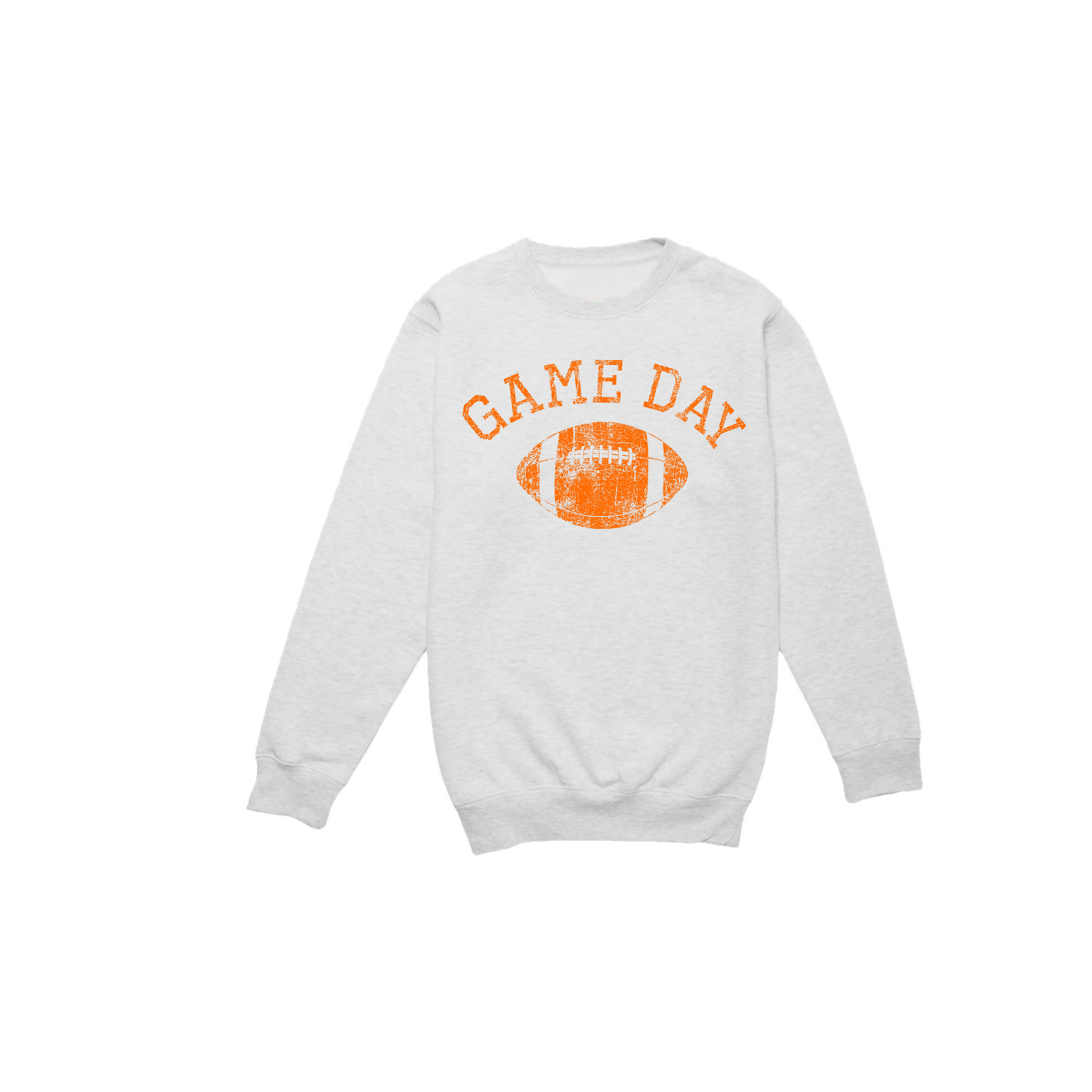 Vintage Game Day Football sweatshirt in light gray fleece with distressed orange Game Day football graphic and crewneck