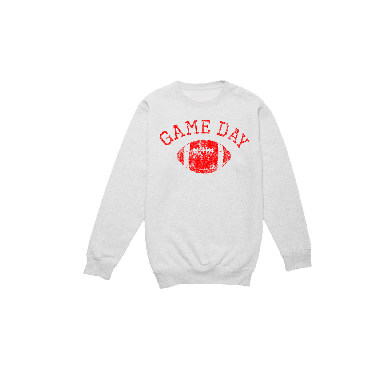Vintage Game Day Football sweatshirt in light heather gray fleece with distressed red Game Day text and football graphic