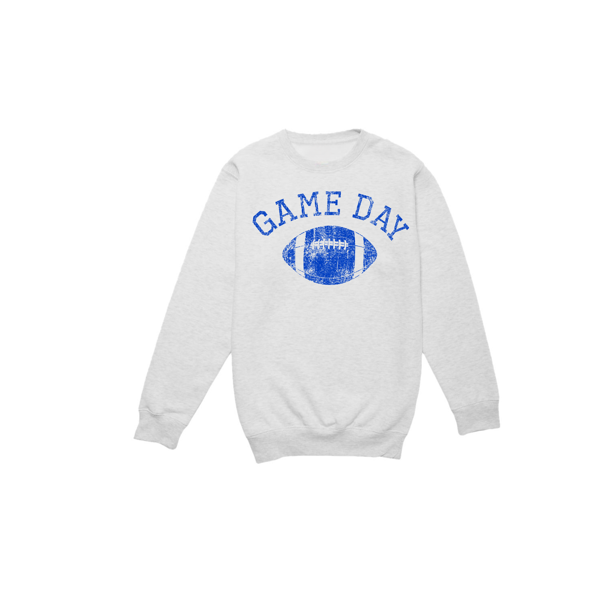 Vintage Game Day Football sweatshirt in light grey fleece with blue distressed Game Day lettering and football graphic