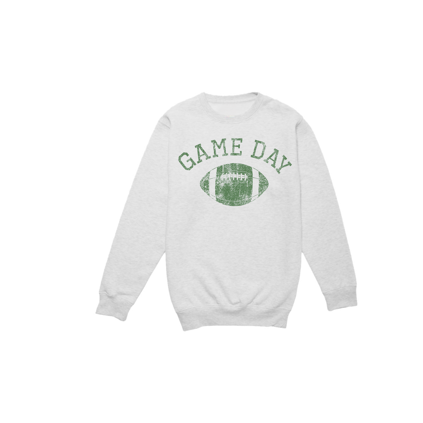 Vintage Game Day Football sweatshirt in light grey fleece with a distressed green football and arched Game Day graphic