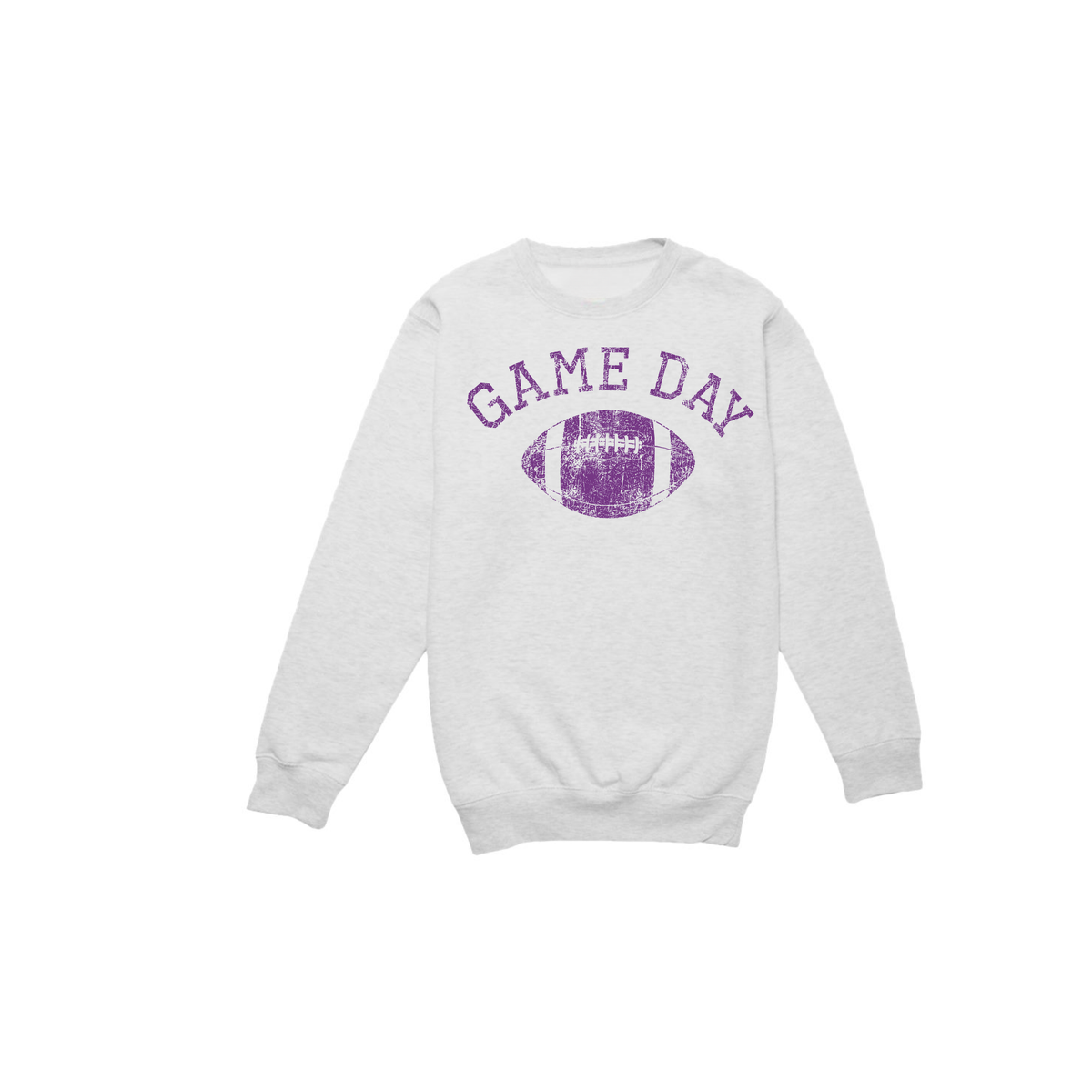Vintage Game Day Football sweatshirt in light grey fleece with distressed purple Game Day football graphic