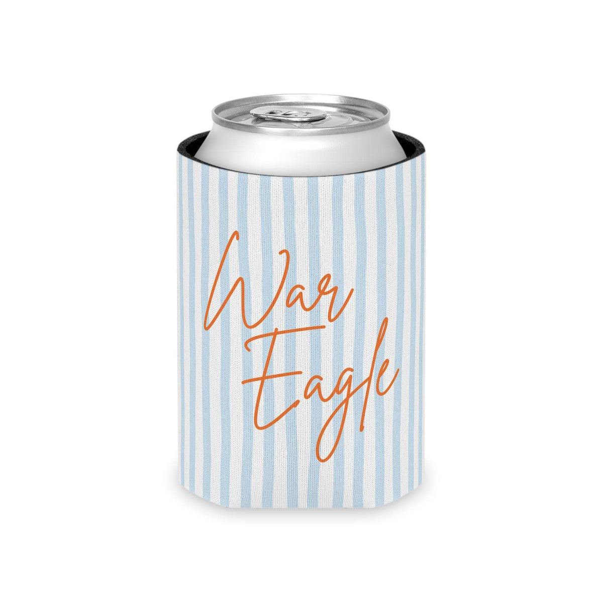 War Eagle Can Cooler with pale blue seersucker stripes and warm orange script on lightweight foam and polyester sleeve