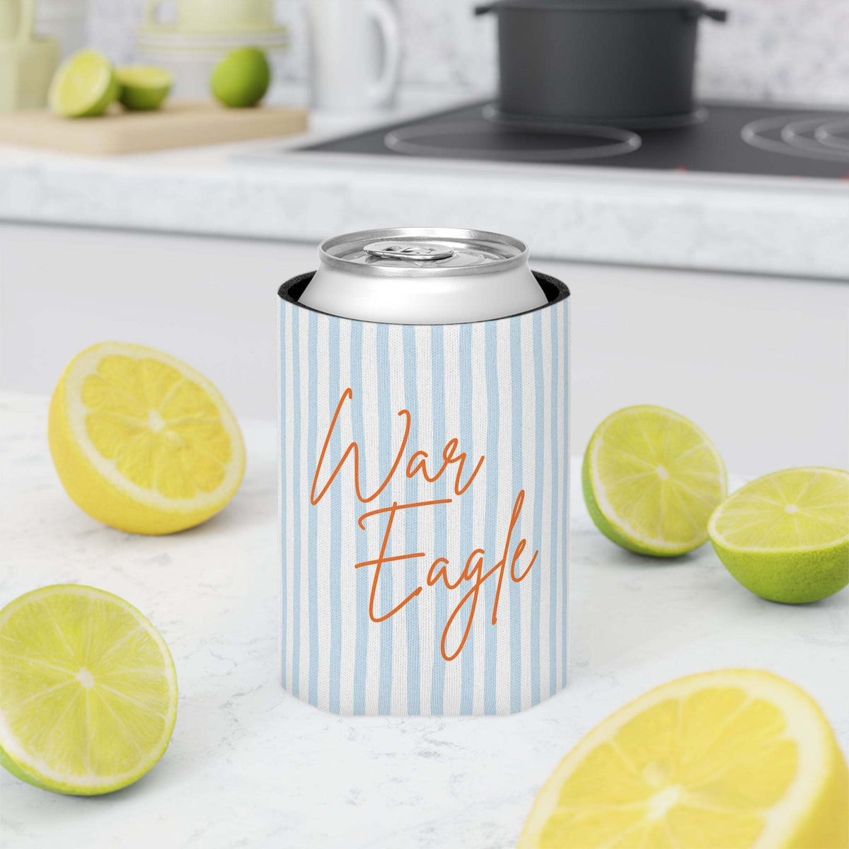 War Eagle Can Cooler with pale blue seersucker stripes and orange script on lightweight foam and polyester exterior
