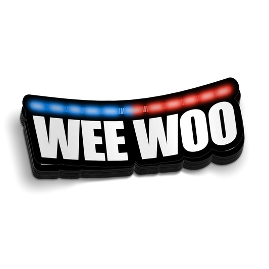 Wee Woo Police Sticker featuring bold white lettering, black outline, and red and blue police lights