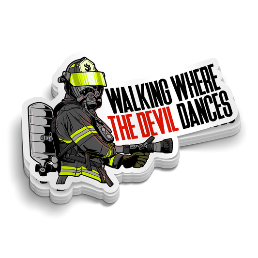 Where the Devil Dances firefighter sticker featuring a fully geared firefighter with neon yellow accents and bold red and black lettering