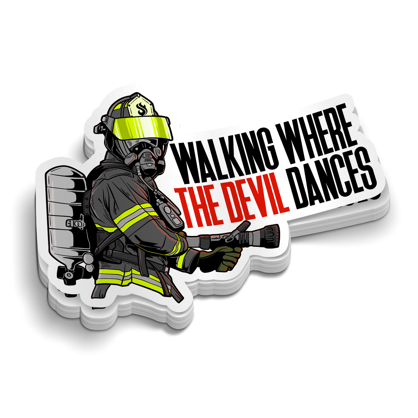 Where the Devil Dances firefighter sticker featuring a fully geared firefighter with neon yellow accents and bold red and black lettering