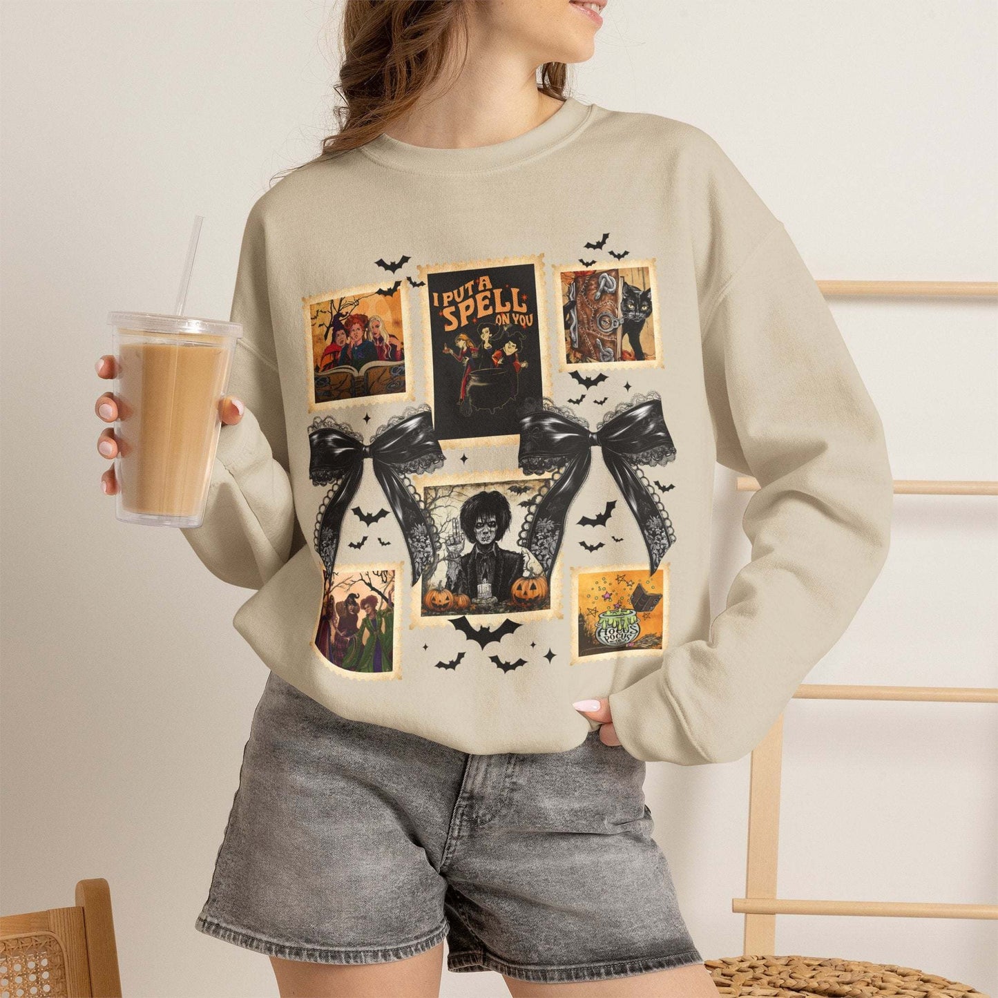 Vintage witch spell collage sweatshirt with Halloween graphic