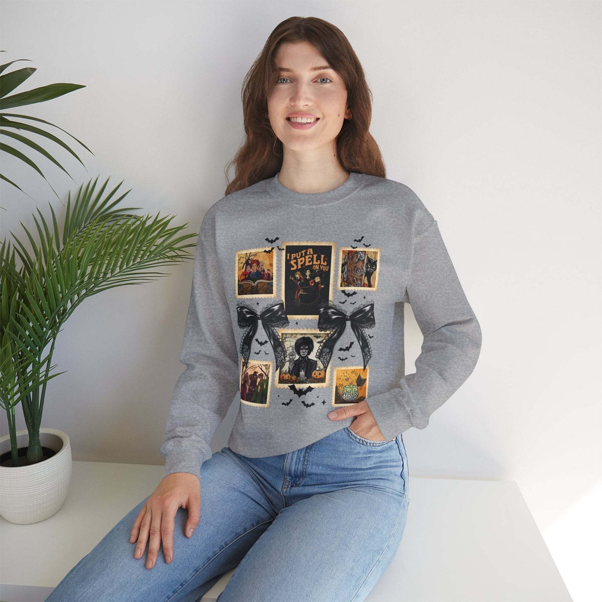 Vintage witch spell collage crewneck sweatshirt with Halloween design