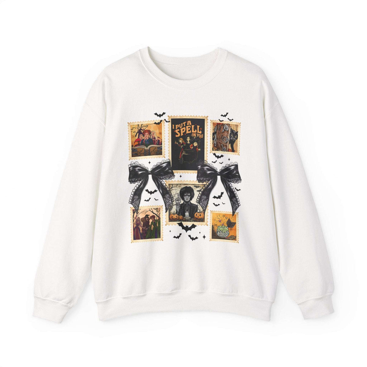 Vintage witch spell collage sweatshirt with Halloween graphics