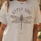 Women's Boho Dragonfly Gypsy Soul Graphic Tee in white cotton with distressed dragonfly and celestial graphic lettering