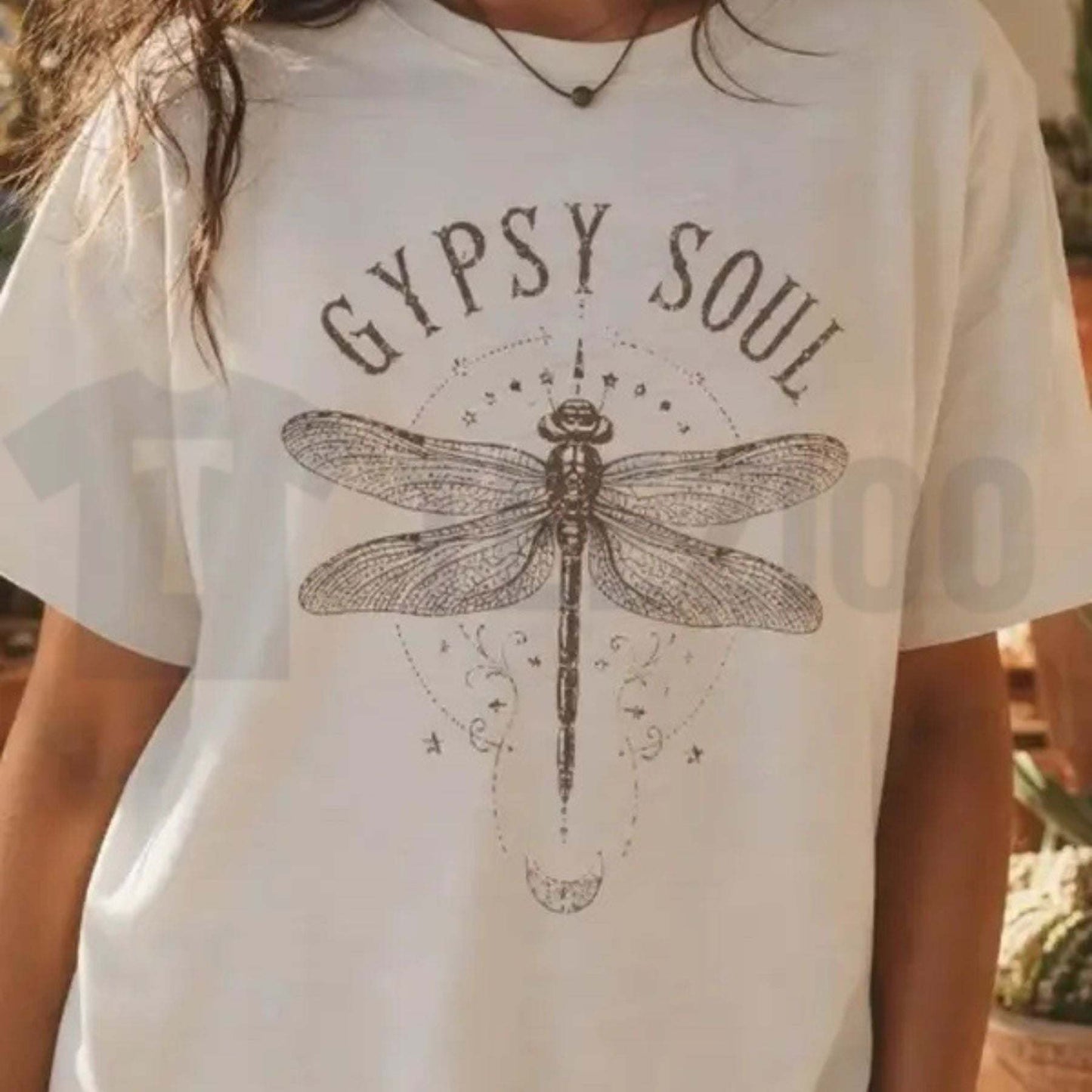 Women's Boho Dragonfly Gypsy Soul Graphic Tee in white cotton with distressed dragonfly and celestial graphic lettering