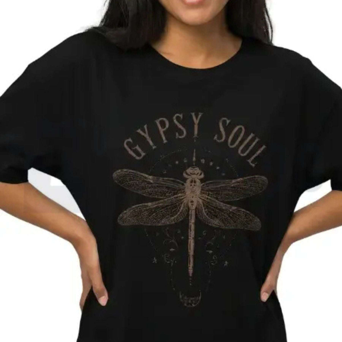 Women's Boho Dragonfly Gypsy Soul Graphic Tee in black cotton with distressed dragonfly and Gypsy Soul graphic