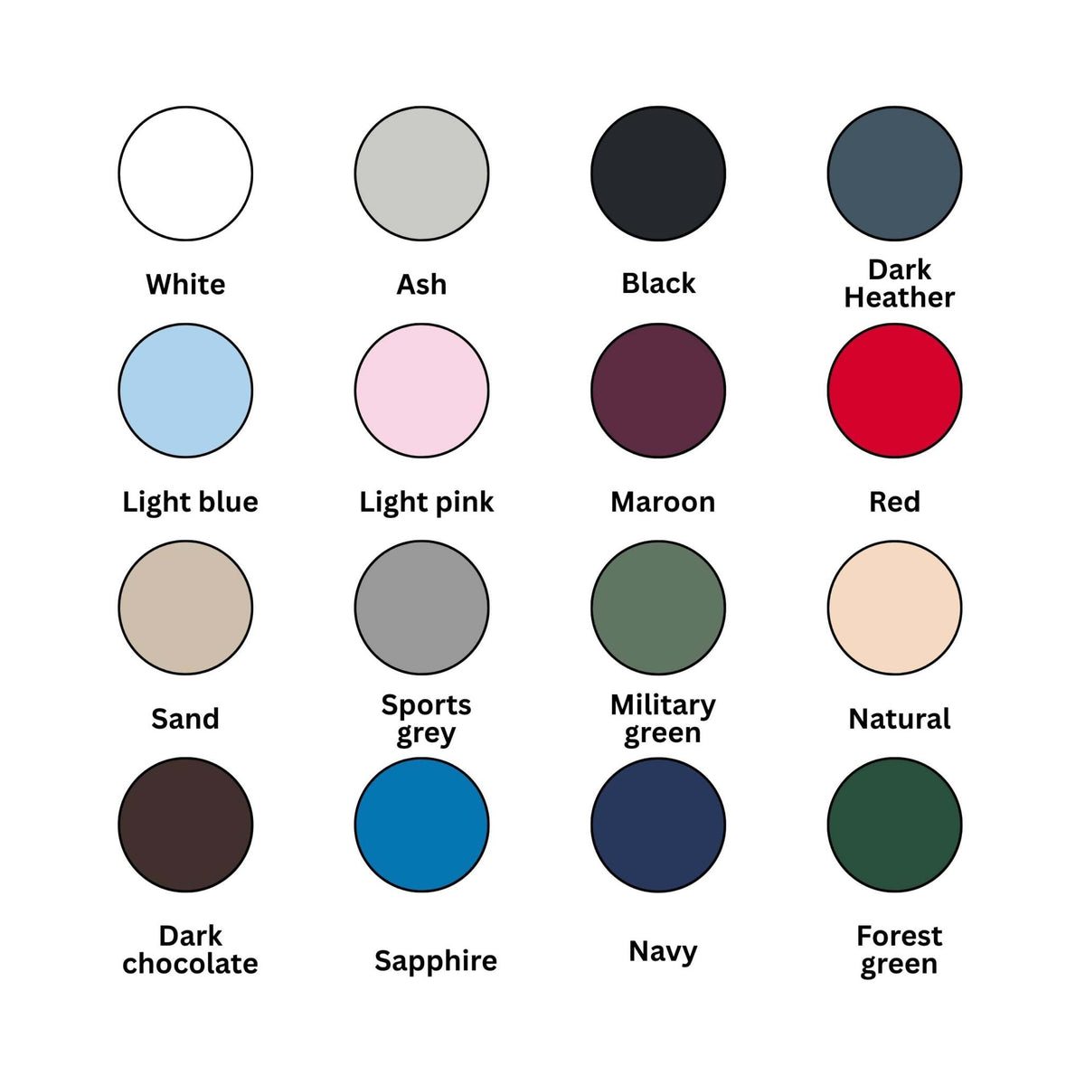 Women's Boho Dragonfly Gypsy Soul Graphic Tee colour chart showing 16 available solid shirt colours