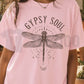 Women's Boho Dragonfly Gypsy Soul Graphic Tee in pink cotton with distressed dragonfly and celestial graphic