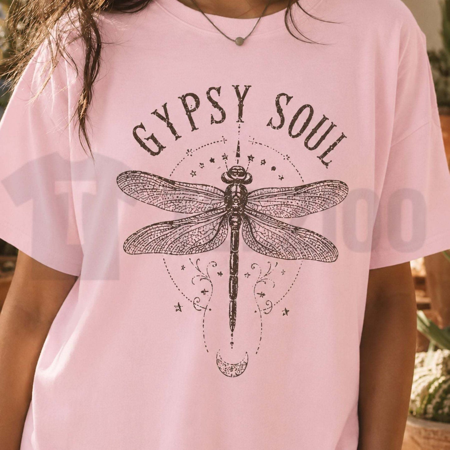 Women's Boho Dragonfly Gypsy Soul Graphic Tee in pink cotton with distressed dragonfly and celestial graphic