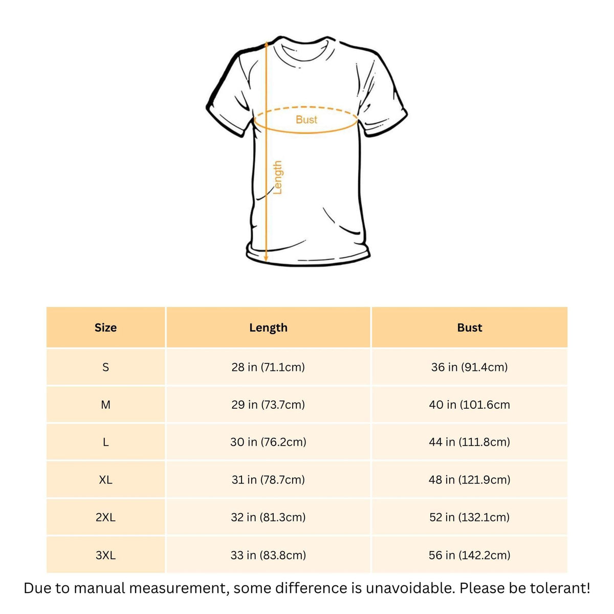 Women's Boho Dragonfly Gypsy Soul Graphic Tee size chart showing shirt length and bust measurements from S to 3XL