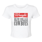 Wranglin’ Blue Collar Cowboys Crop Tee in white cotton with a fitted silhouette and bold red and black western graphic