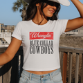 Wranglin’ Blue Collar Cowboys Crop Tee in white cotton with red and black vintage western graphic and fitted cropped hem