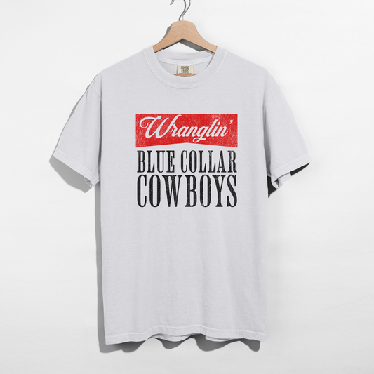 White cotton Wranglin’ Blue Collar Cowboys Graphic Tee with a vintage red and black distressed western print on the front