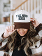 Y'all Need Jesus hat in cream and brown cotton with bold embroidered lettering and a curved brown bill